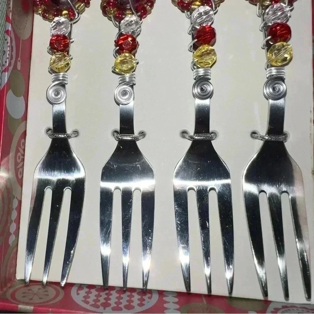 Wild Eye Design Cocktail Christmas Stainless Forks Handcrafted Beaded 3 Prong
